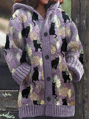 Stilla | Lækker Hoodie Med Floral Black Cat-print Til Kvinder