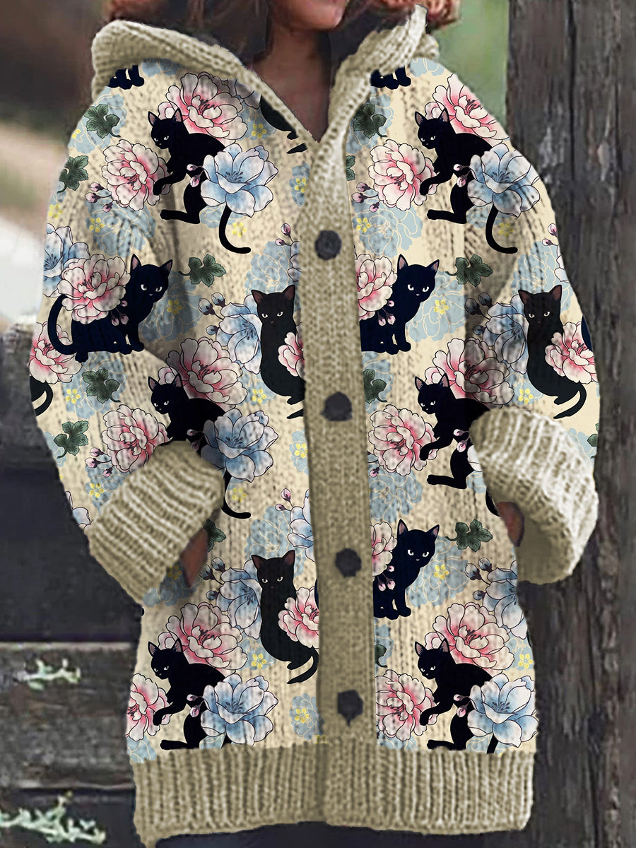 Stilla | Casual Sort Dame hoodie cardigan med katteblomstermønster