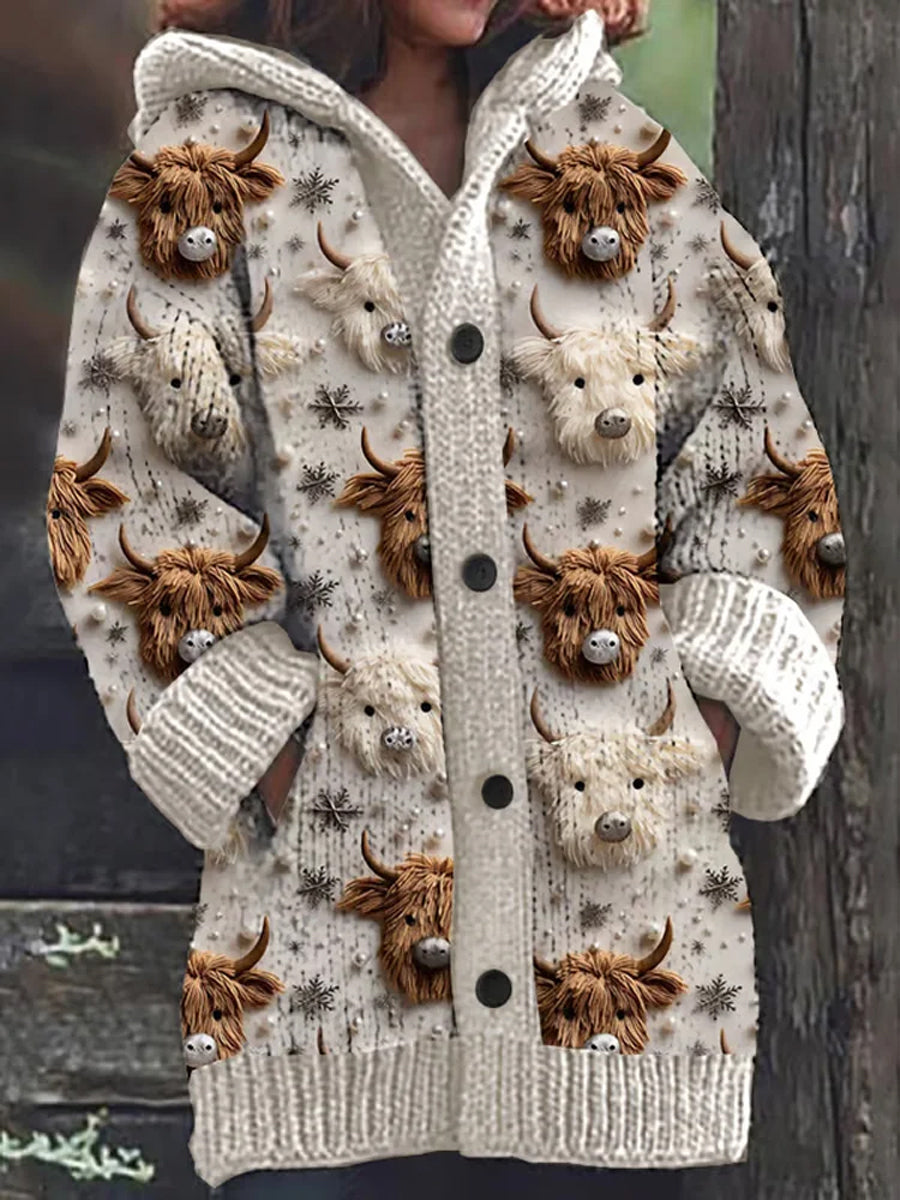 Stilla | Langærmet hoodie med tykke knapper og vadermønster samt broderi