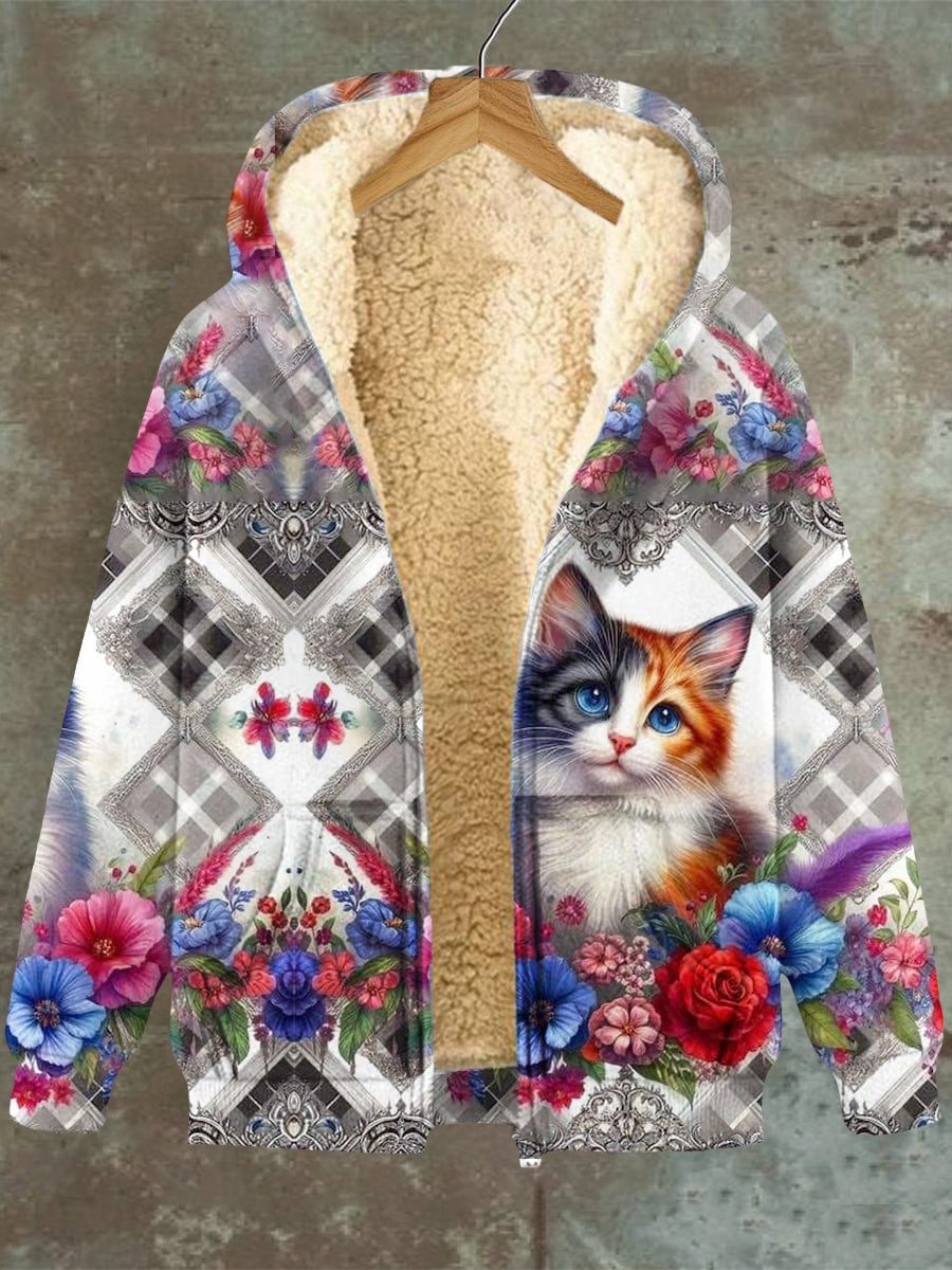 Stilla | Dame Fleecejakke Med Katteblomstermønster, Med Lomme, Hætte Og Lynlås