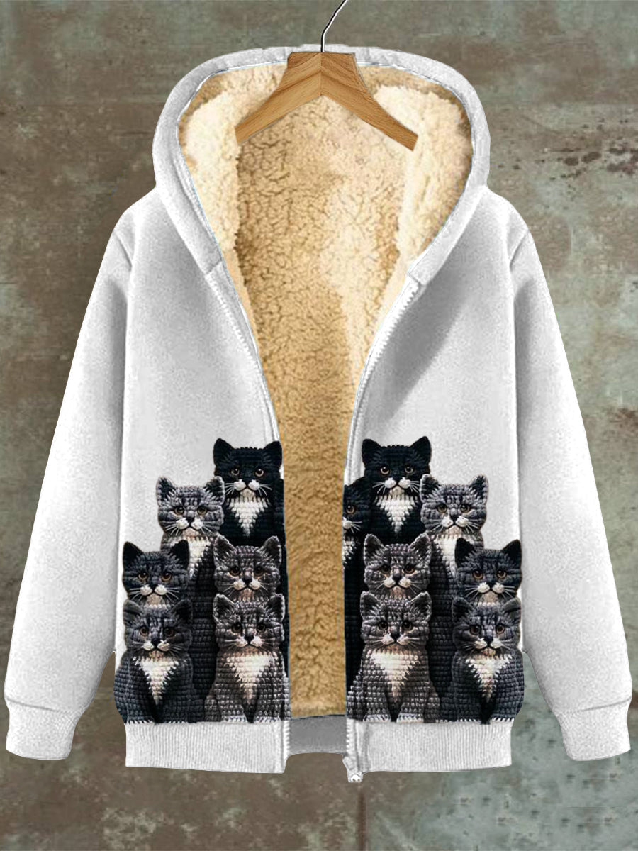 Stilla | Sweatshirt med hætte i fleece med kattemønster til damer