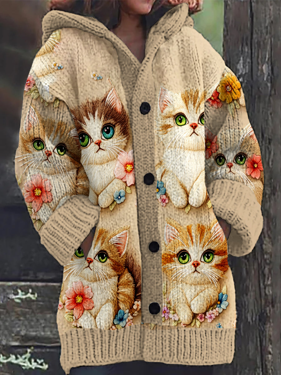 Stilla | Sweatjakke med lange ærmer og falske retro knapper og kat