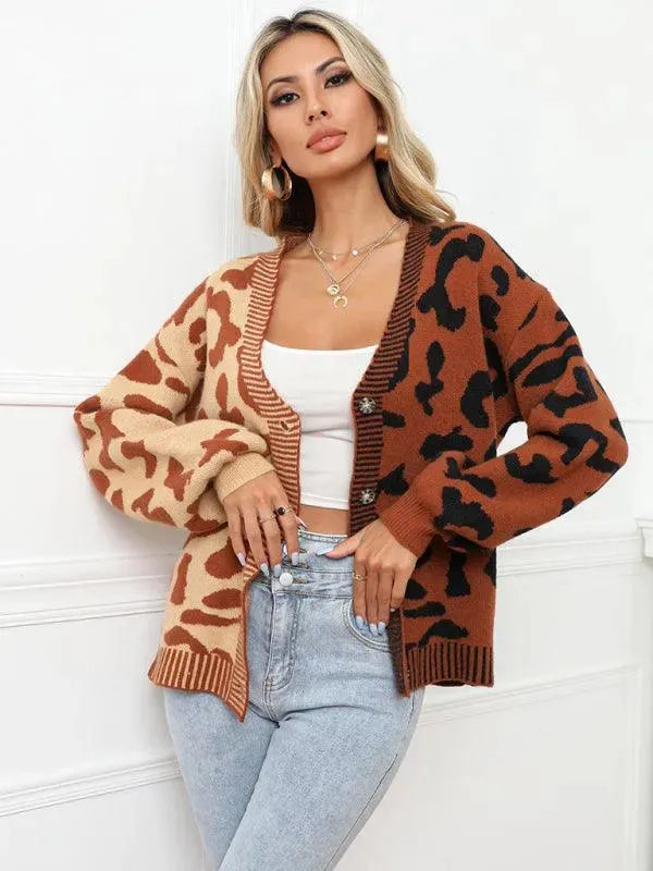 Stilla | Style Leopardmønster Overdimensioneret Strikstrikjakke Pulloveren