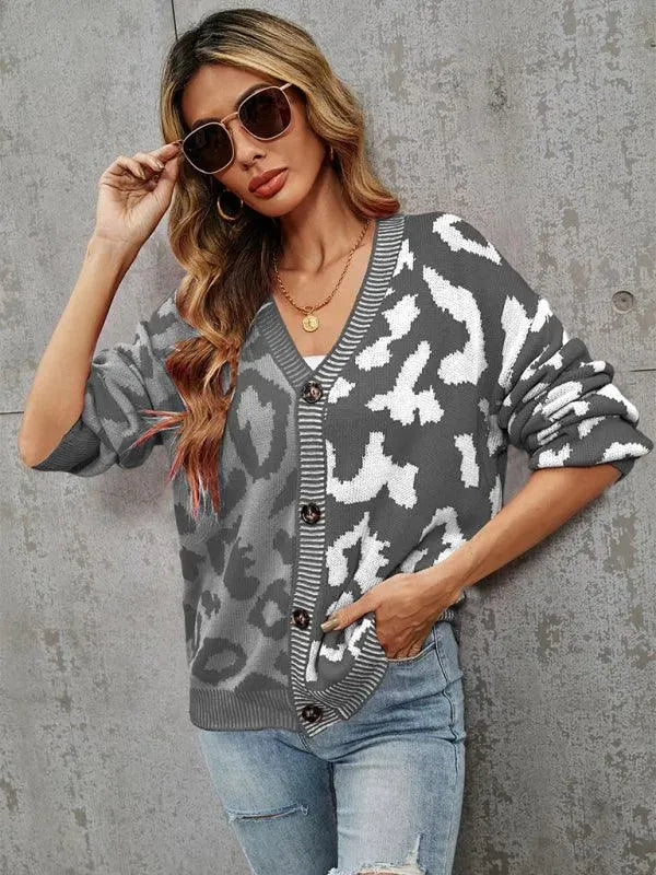 Stilla | Style Leopardmønster Overdimensioneret Strikstrikjakke Pulloveren