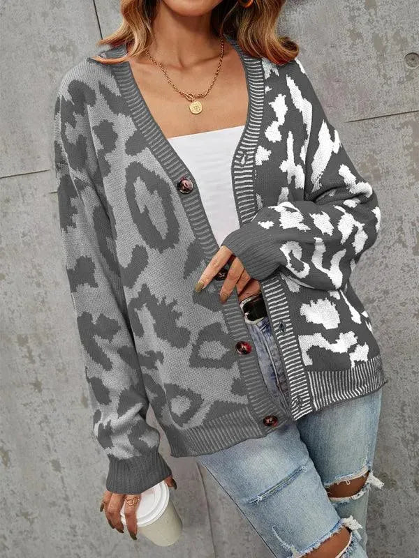Stilla | Style Leopardmønster Overdimensioneret Strikstrikjakke Pulloveren