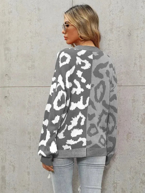 Stilla | Style Leopardmønster Overdimensioneret Strikstrikjakke Pulloveren