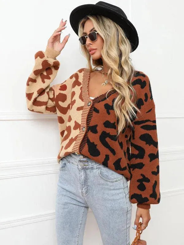 Stilla | Style Leopardmønster Overdimensioneret Strikstrikjakke Pulloveren