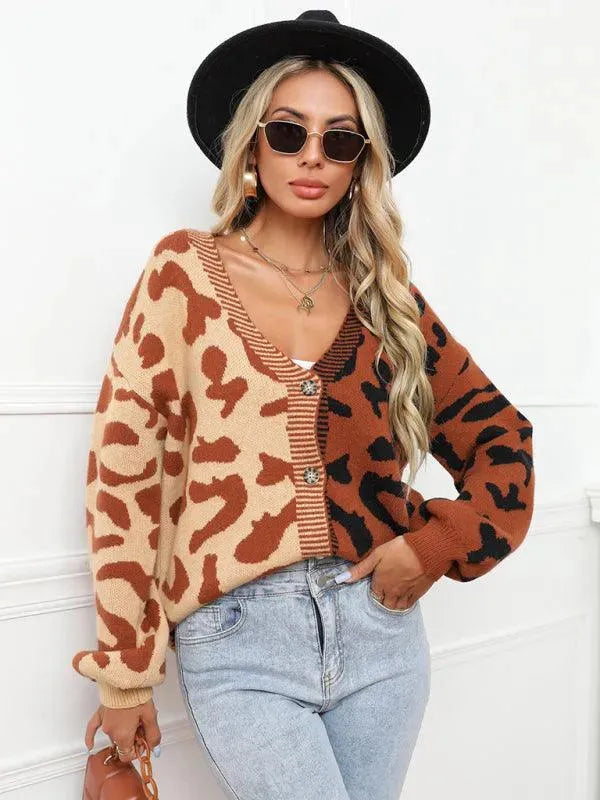 Stilla | Style Leopardmønster Overdimensioneret Strikstrikjakke Pulloveren