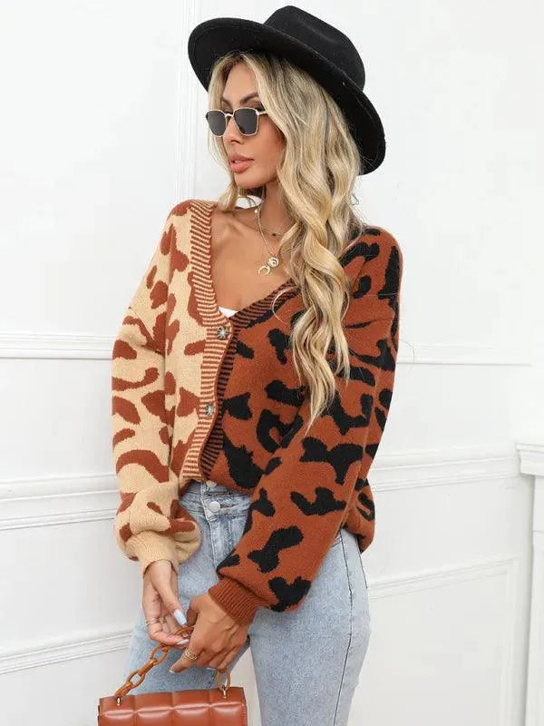 Stilla | Style Leopardmønster Overdimensioneret Strikstrikjakke Pulloveren