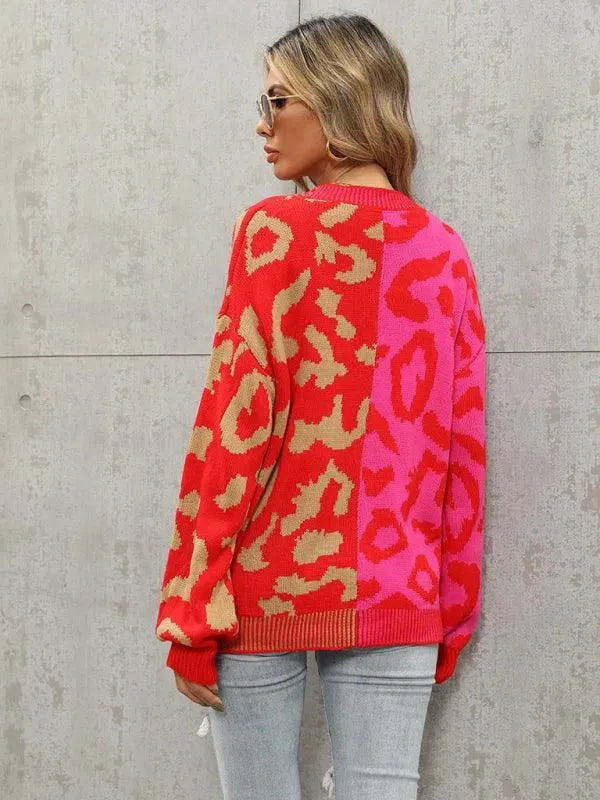 Stilla | Style Leopardmønster Overdimensioneret Strikstrikjakke Pulloveren