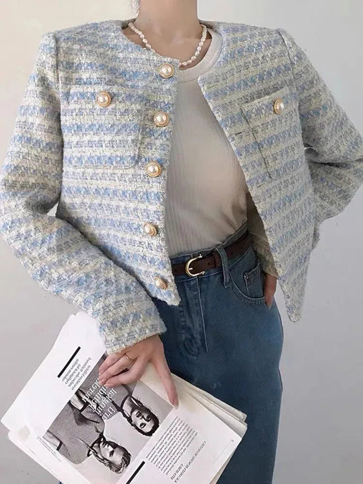 Stilla | Stribet kort tweed-jakke