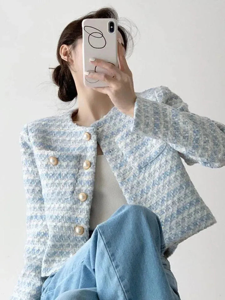 Stilla | Stribet kort tweed-jakke