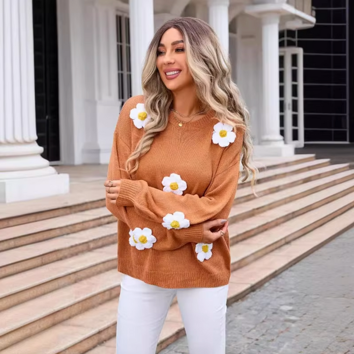 Stilla | Strikpullover Med 3d Blomsterdesign