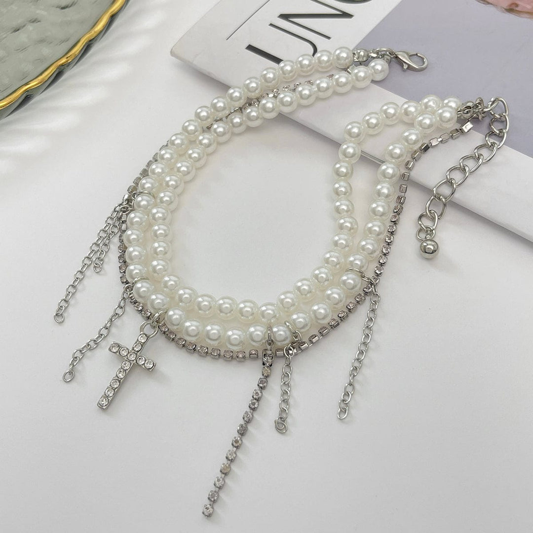 Trendy Lagdelt Rhinestone Indlagt Kryds Tassel Perlekæde Anklet
