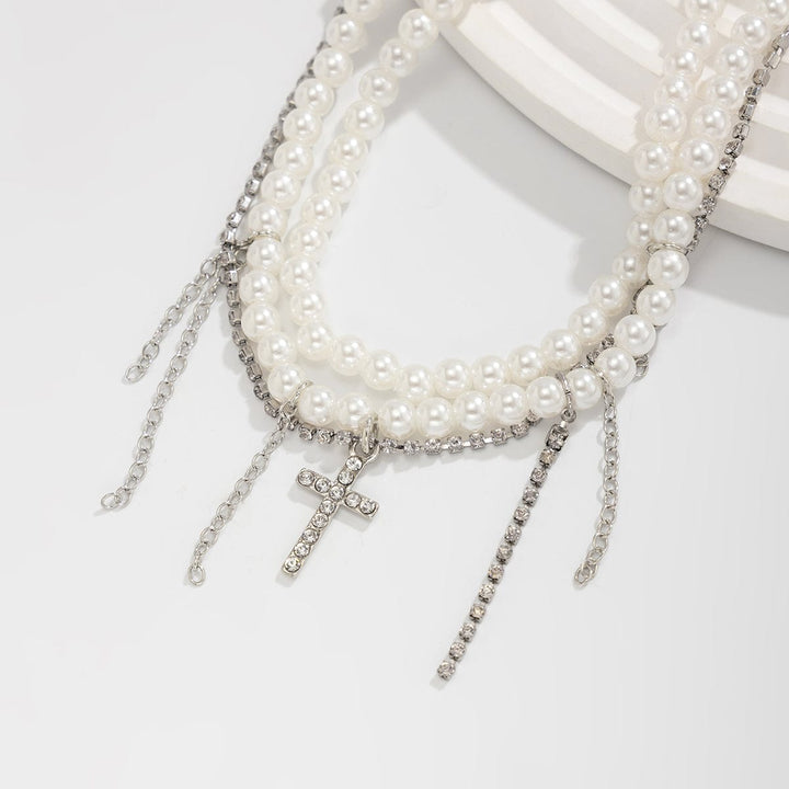 Trendy Lagdelt Rhinestone Indlagt Kryds Tassel Perlekæde Anklet