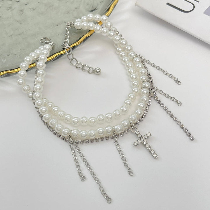 Trendy Lagdelt Rhinestone Indlagt Kryds Tassel Perlekæde Anklet