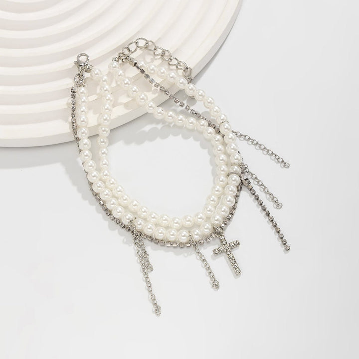 Trendy Lagdelt Rhinestone Indlagt Kryds Tassel Perlekæde Anklet