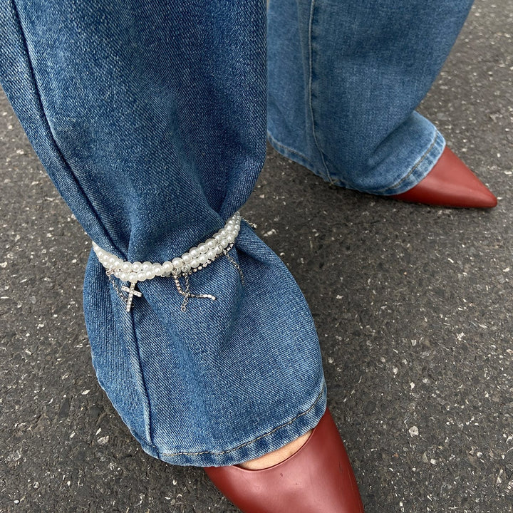 Trendy Lagdelt Rhinestone Indlagt Kryds Tassel Perlekæde Anklet