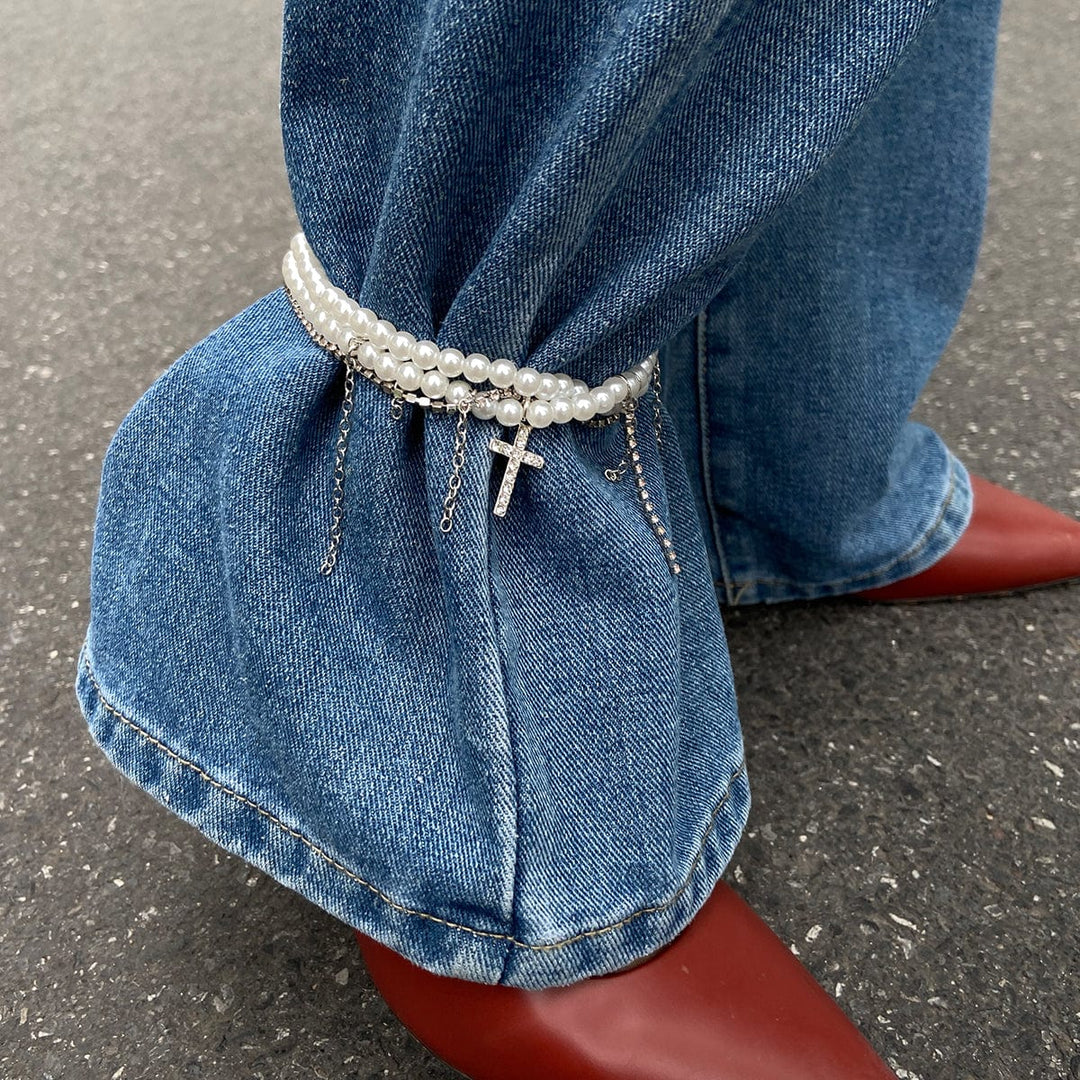Trendy Lagdelt Rhinestone Indlagt Kryds Tassel Perlekæde Anklet