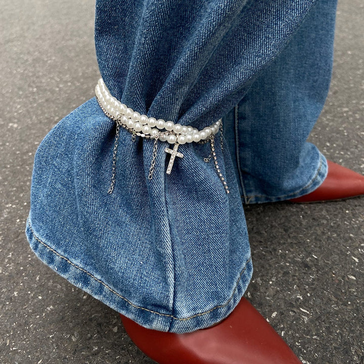 Trendy Lagdelt Rhinestone Indlagt Kryds Tassel Perlekæde Anklet