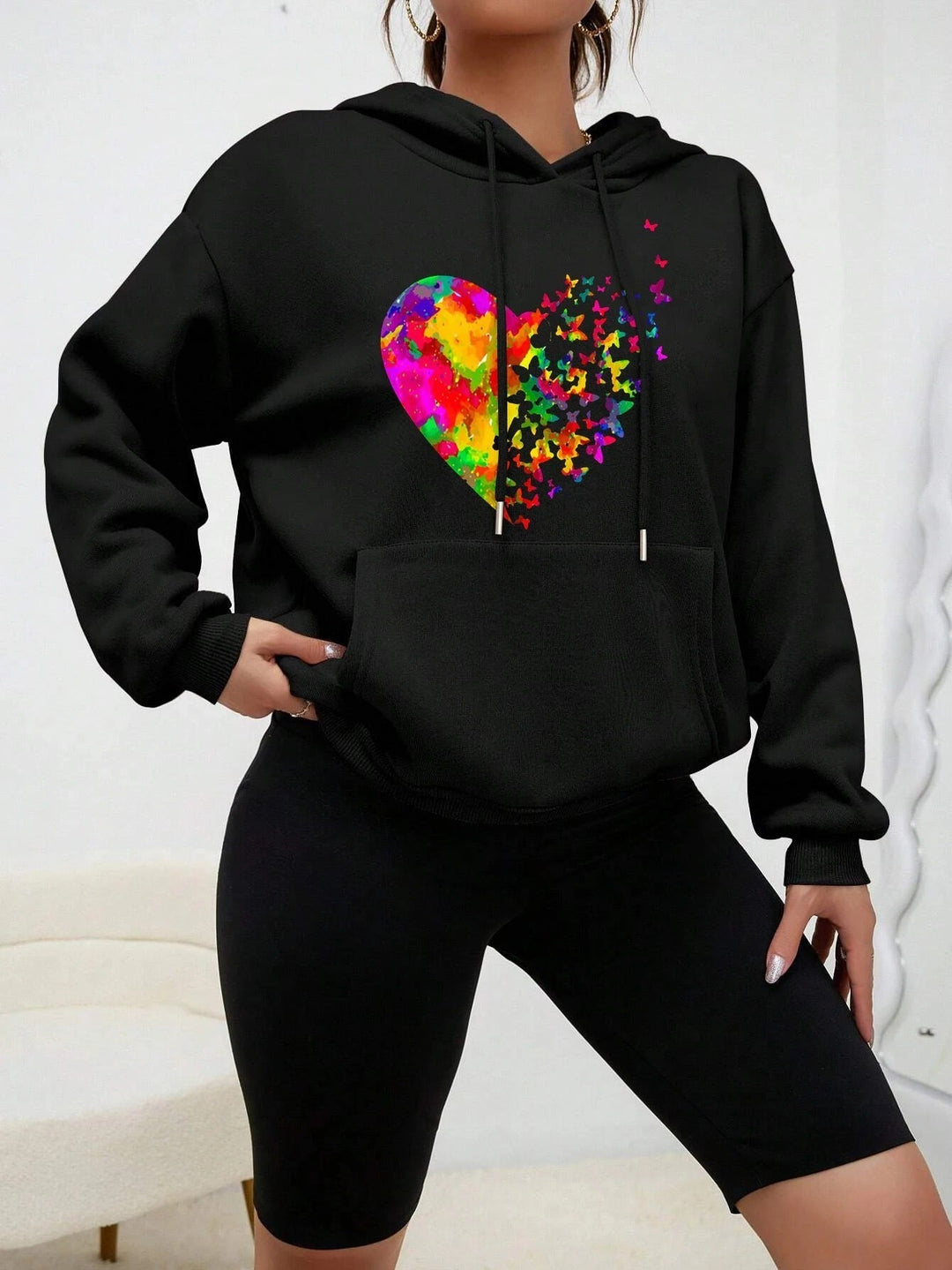 Stilla | Hættepullover Calypso Med Farverig Sommersfugl Hjerte Print