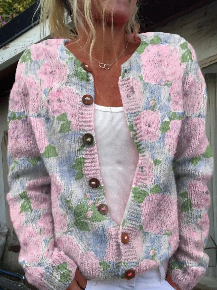 Stilla | Blomsterprydet Strikjakke med Charme