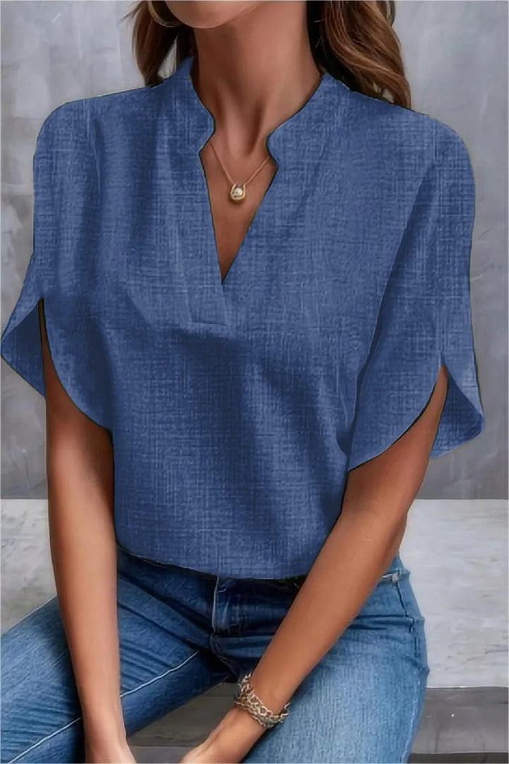 Stilla | Sommer Bluse Til Damer V-Hals, Uden Stropper, Løs Pasform, Linned Look, Elegant Kort Stil