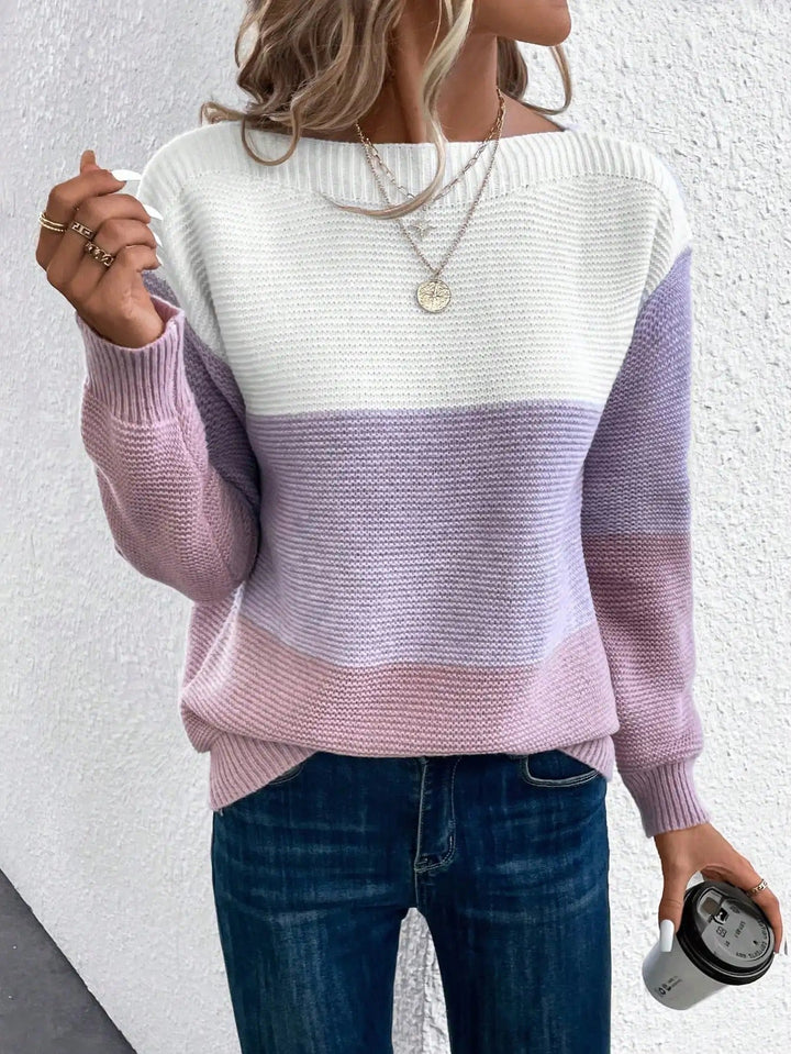 Stilla | Elegant pullover i trefarvet patchwork-strik