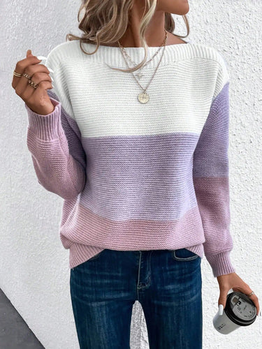 Stilla | Elegant pullover i trefarvet patchwork-strik