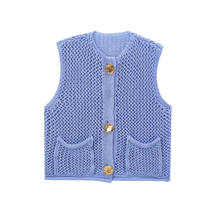 Stilla | Hæklet Strikketrøje Vest Med Patch Knapper
