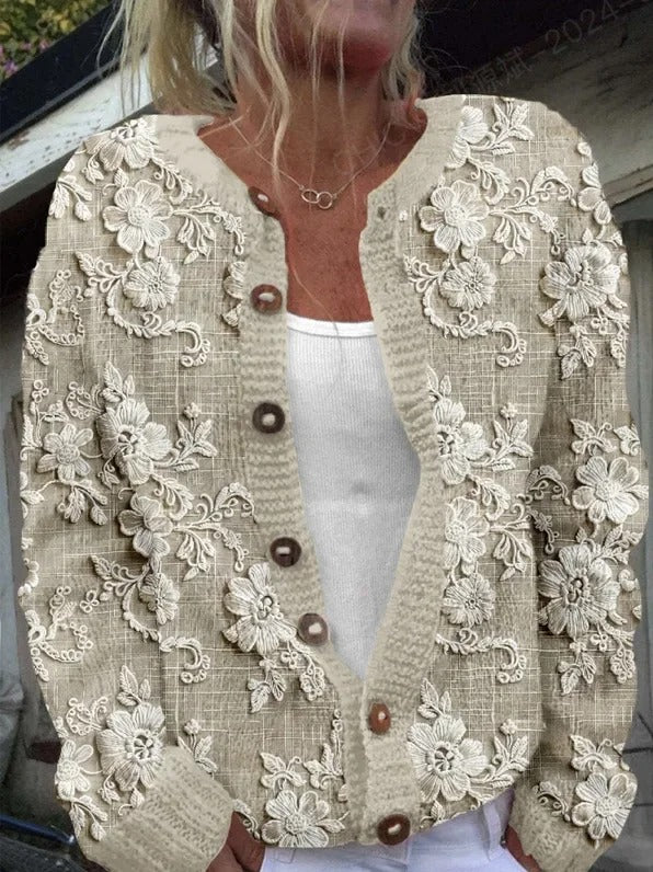 Stilla | Blomsterprydet Strikjakke med Charme