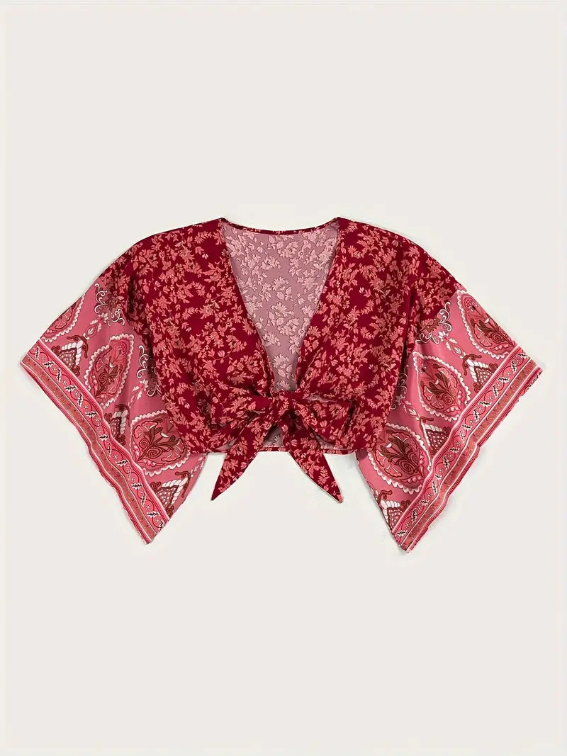 Stilla | Bluse Kort Med Tribal Print Og Knude Front