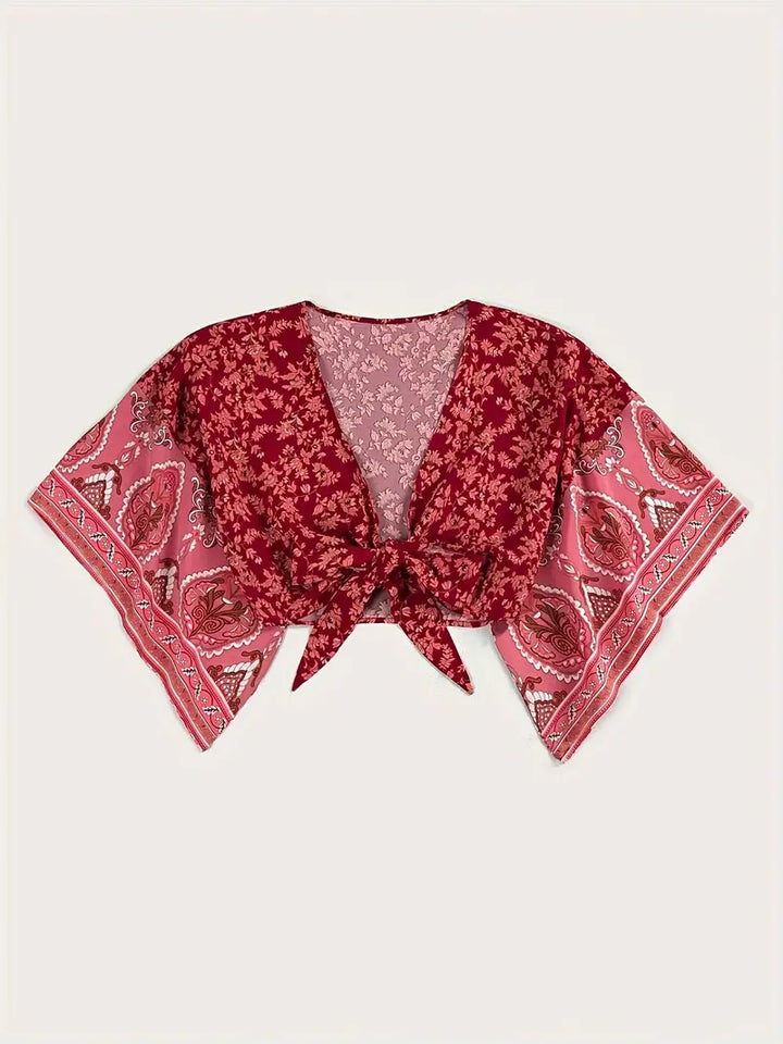 Stilla | Bluse Kort Med Tribal Print Og Knude Front