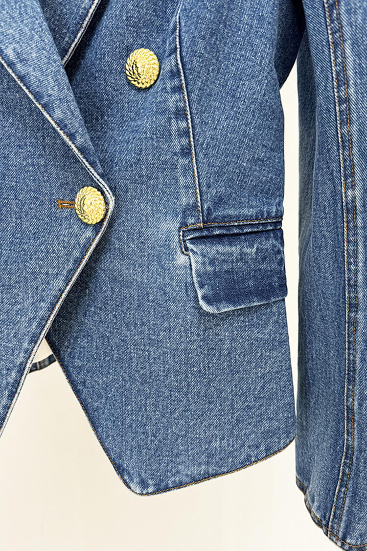 Stilla | Vintage Denim Jakke med Gyldne Knapper, Høj Talje Tulipan Skørt, To Delt Kjole