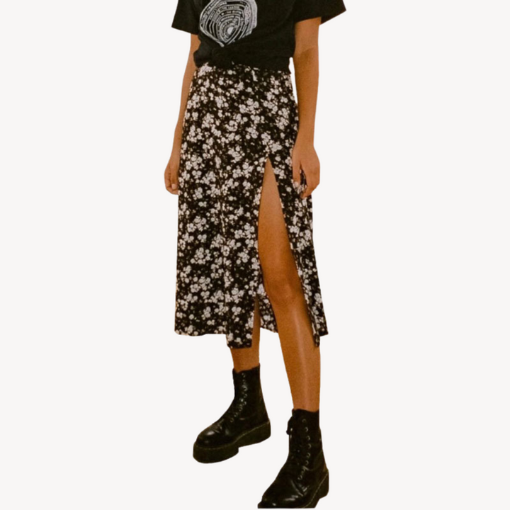 Stilla | Damen Trykt Satin Midi Nederdel