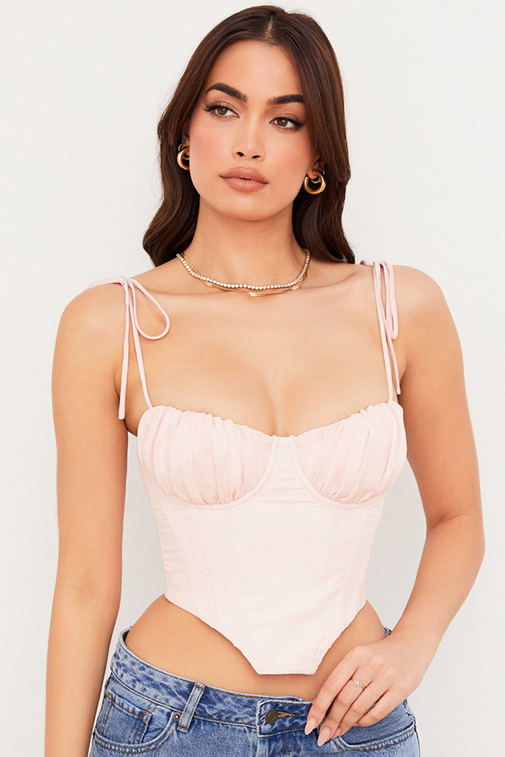 Stilla | Baby Pink Cropped Korset Med Plisseret Chiffon Buste