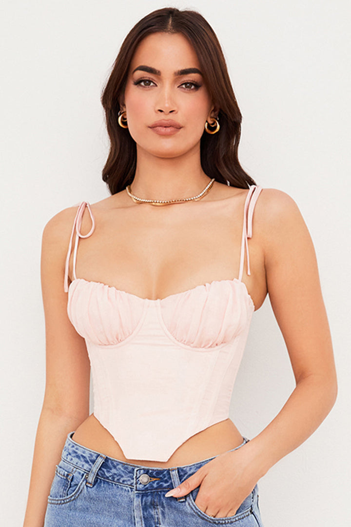 Stilla | Baby Pink Cropped Korset Med Plisseret Chiffon Buste