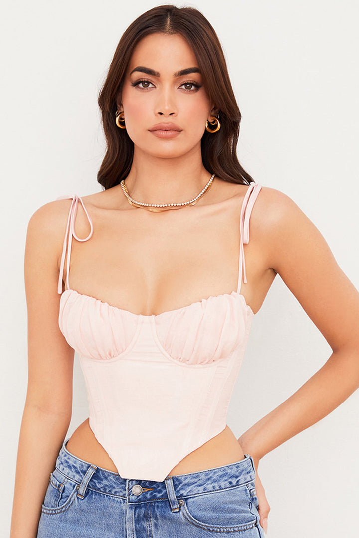 Stilla | Baby Pink Cropped Korset Med Plisseret Chiffon Buste