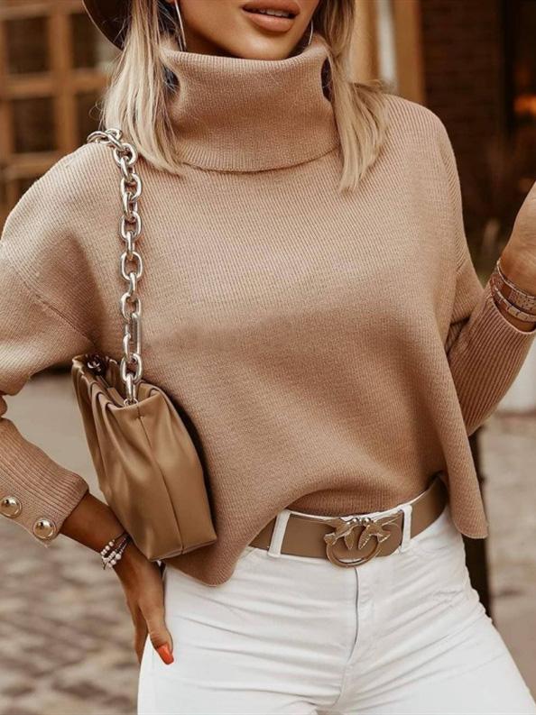 Stilla | Lang Langærmet Damepullover Med Høj Krave Elegant Stribedesign