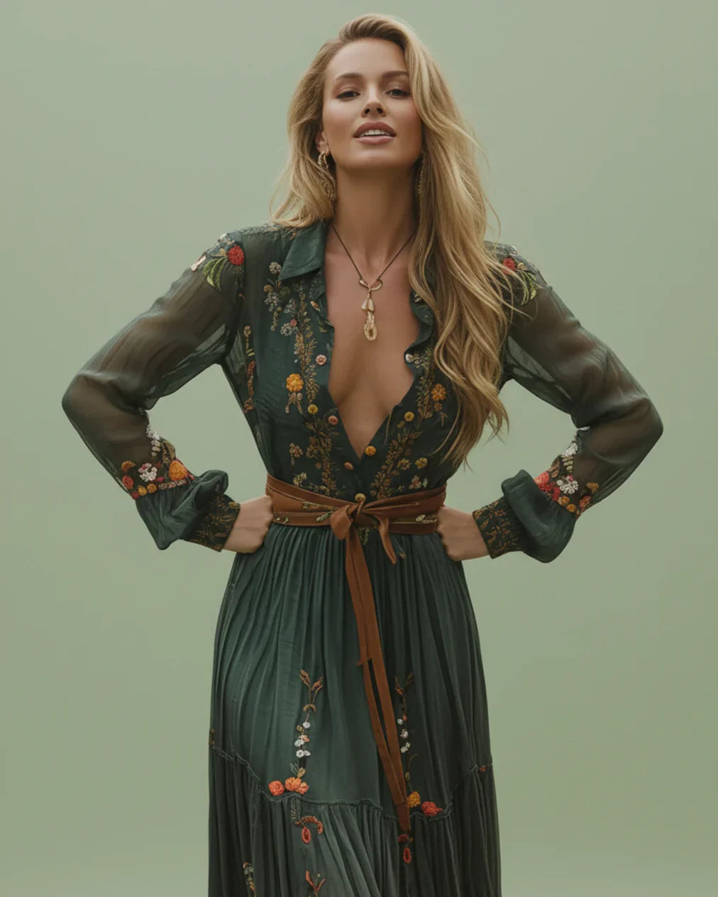 Boho Dame Maxikjole med Lav V-udskæring og Lange Ærmer Skovae