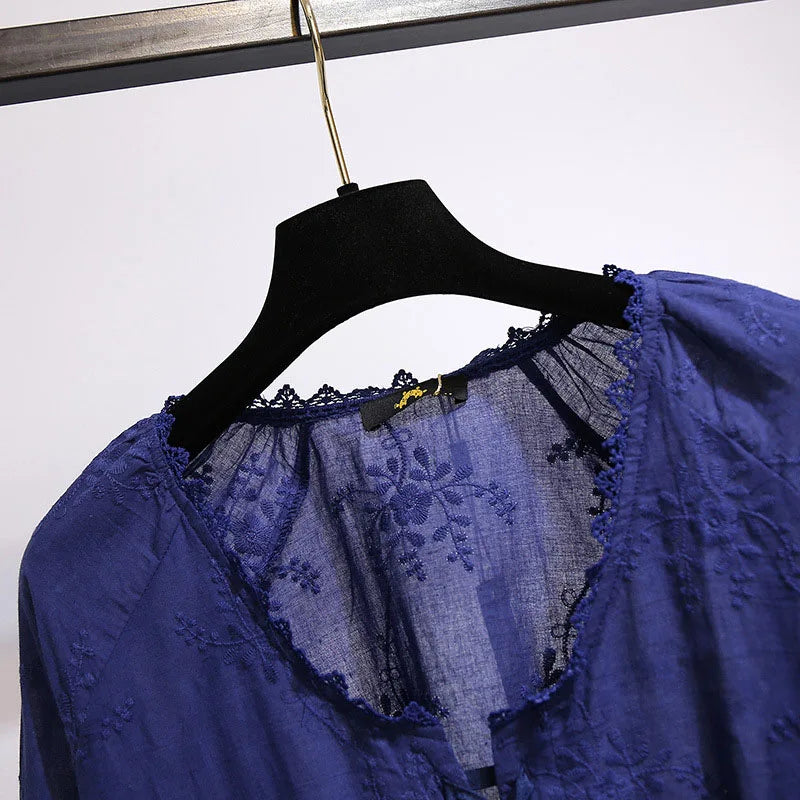 Stilla | Kvindernes 5 9xl Fashion Designer Blomsterbroderet Bluse Langærmede Toppe (plus Størrelse)