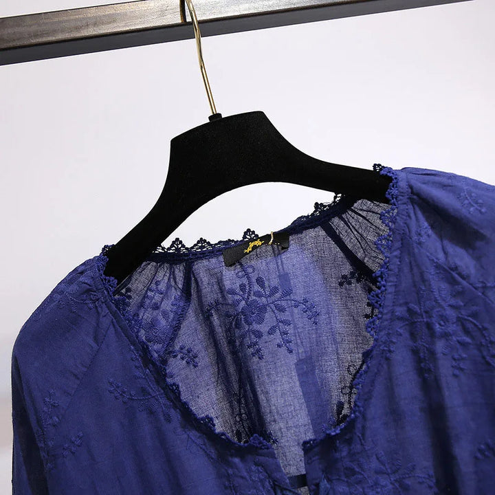 Stilla | Kvindernes 5 9xl Fashion Designer Blomsterbroderet Bluse Langærmede Toppe (plus Størrelse)