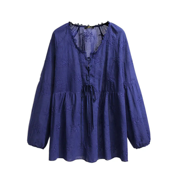 Stilla | Kvindernes 5 9xl Fashion Designer Blomsterbroderet Bluse Langærmede Toppe (plus Størrelse)