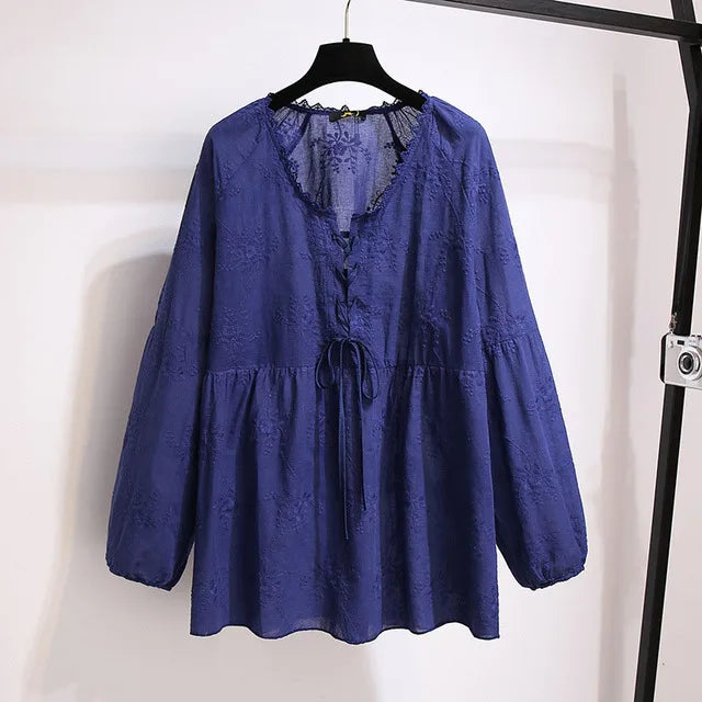 Stilla | Kvindernes 5 9xl Fashion Designer Blomsterbroderet Bluse Langærmede Toppe (plus Størrelse)