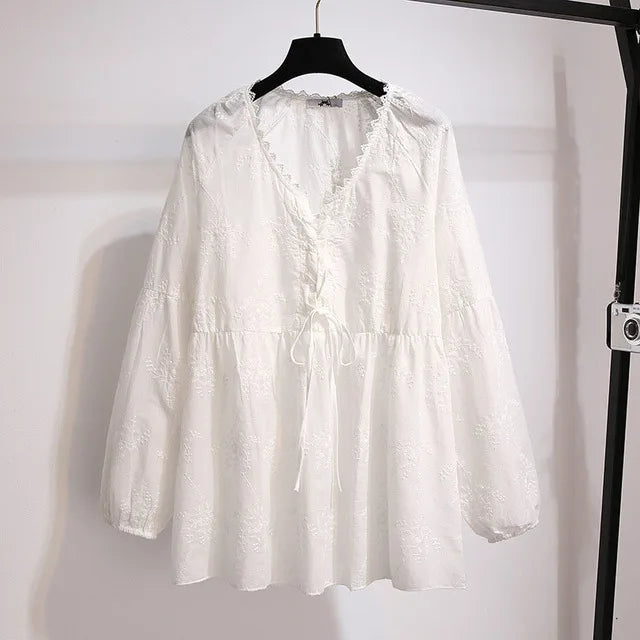 Stilla | Kvindernes 5 9xl Fashion Designer Blomsterbroderet Bluse Langærmede Toppe (plus Størrelse)