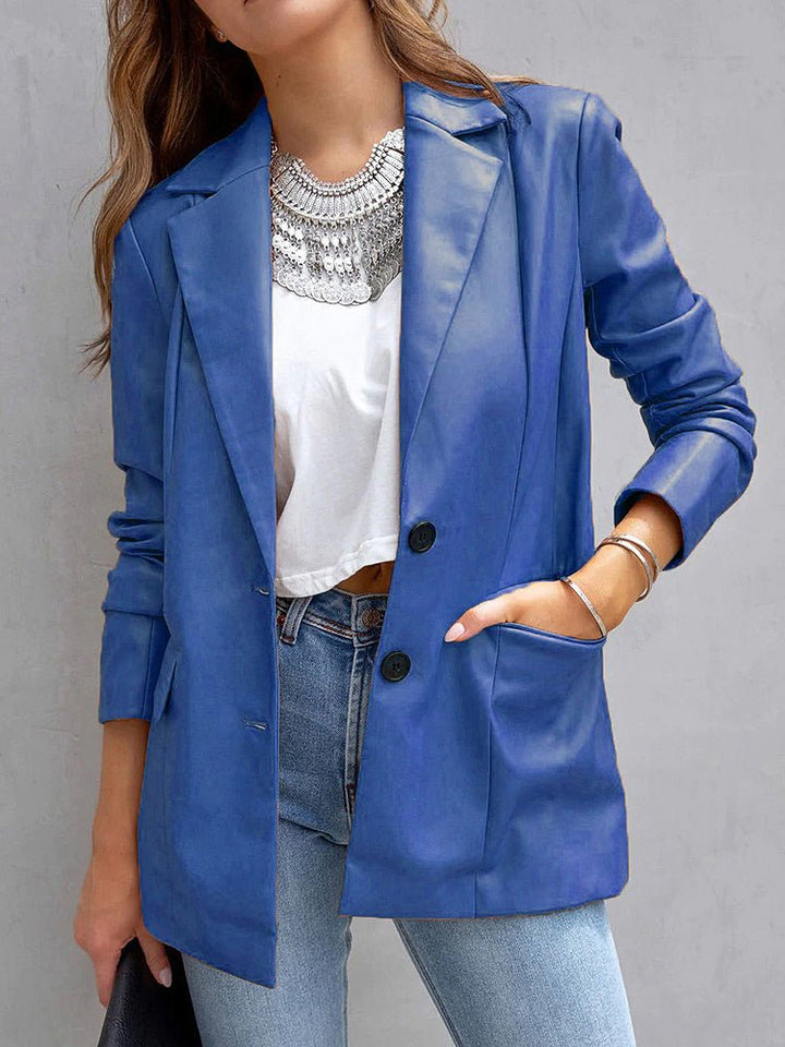Stilla | Dame Blazere Solid Notched Lapel Flip Pocket Pu Læder Blazer