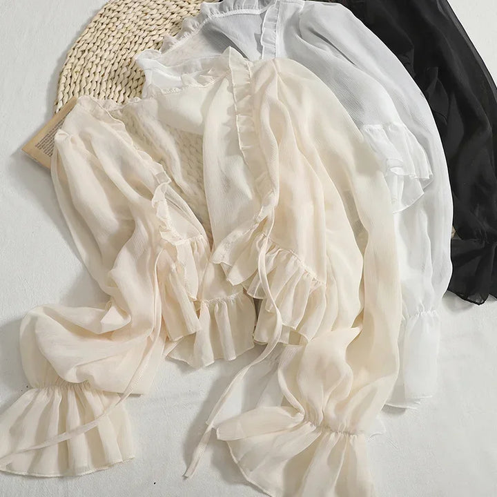 Stilla | Kvinders Bluse Mode Designer Kontor Chiffon Ruffle Lange Ærme Toppe