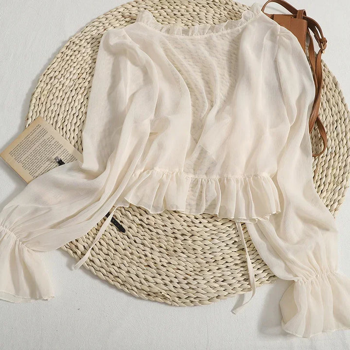 Stilla | Kvinders Bluse Mode Designer Kontor Chiffon Ruffle Lange Ærme Toppe