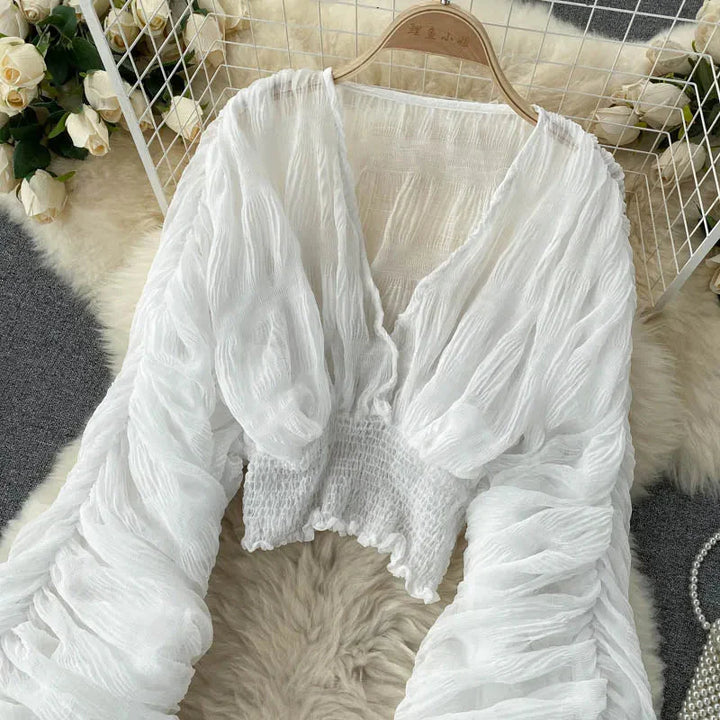 Stilla | Kvinders Chiffon Flæse Mode Designer Blusas Super Lange Ærmer Toppe