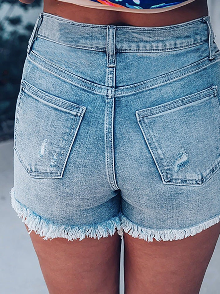 Stilla | Kvinders Denim Shorts Høj Talje Rive Enkeltknap Frayed Denim Shorts
